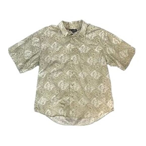 Columbia Tan Beige Fish Print Short Sleeve Button Down Shirt Men's Large - Picture 1 of 5